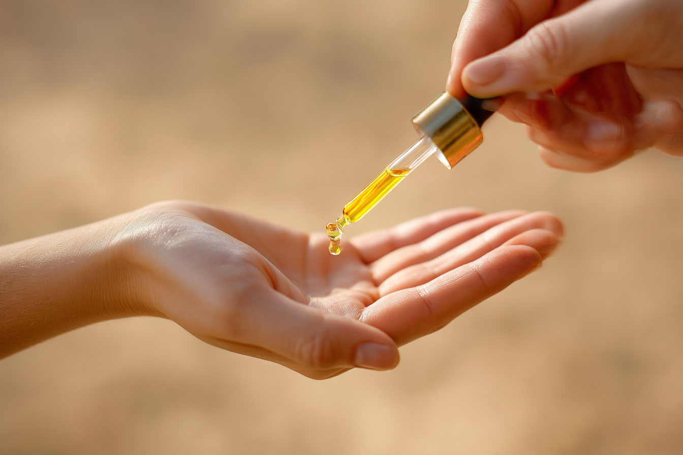 Serum drops in an open palm, showing how to warm the oil before applying