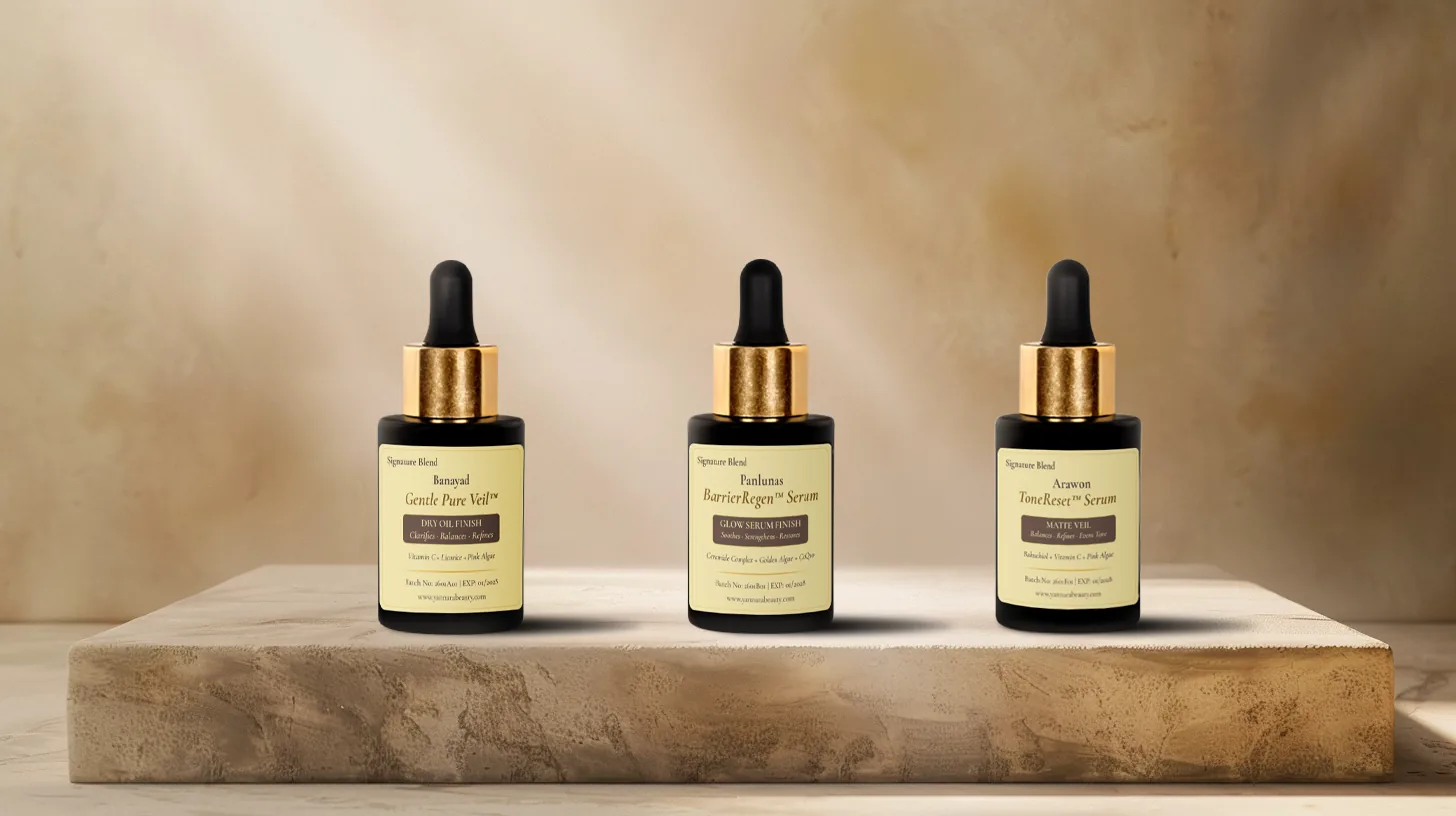 Banayad, Panlunas and Arawon facial oil serums in black dropper bottles with gold collars, on a travertine plinth